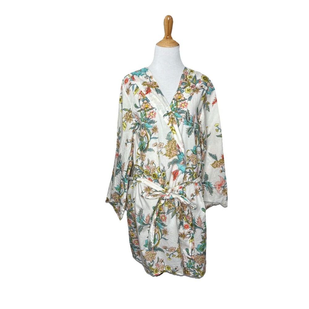 Plum Pretty Sugar Floral Kimono Robe Women Med  Boho Lounge Cottagecore Belted